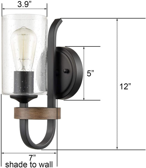 Napoli Industrial Seeded Cylindrical Glass Wall Sconce | Farmhouse Black & Wood Grain Finish
